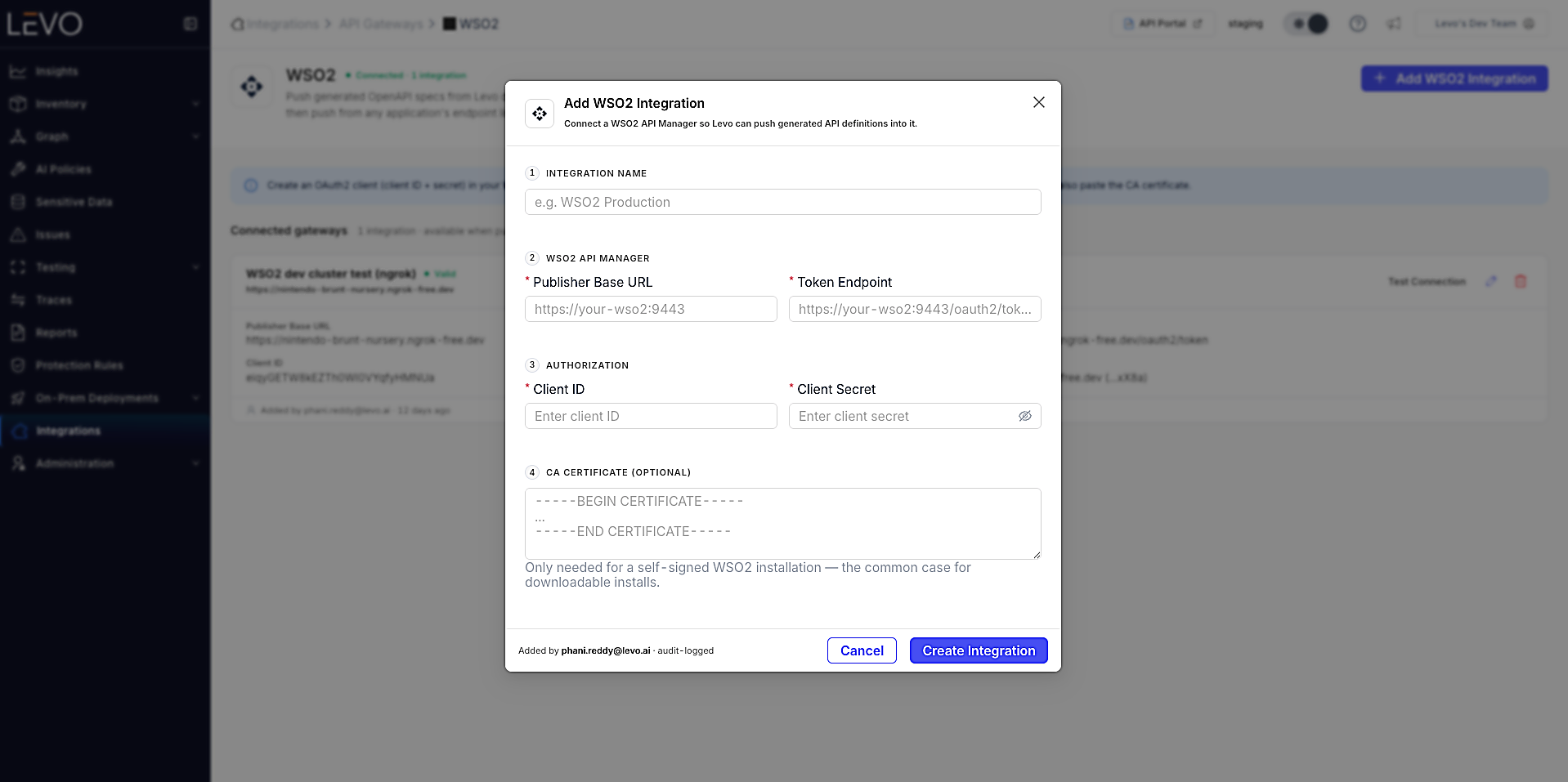 Add WSO2 Integration modal — integration name, Publisher Base URL, Token Endpoint, Client ID, Client Secret, and optional CA certificate fields