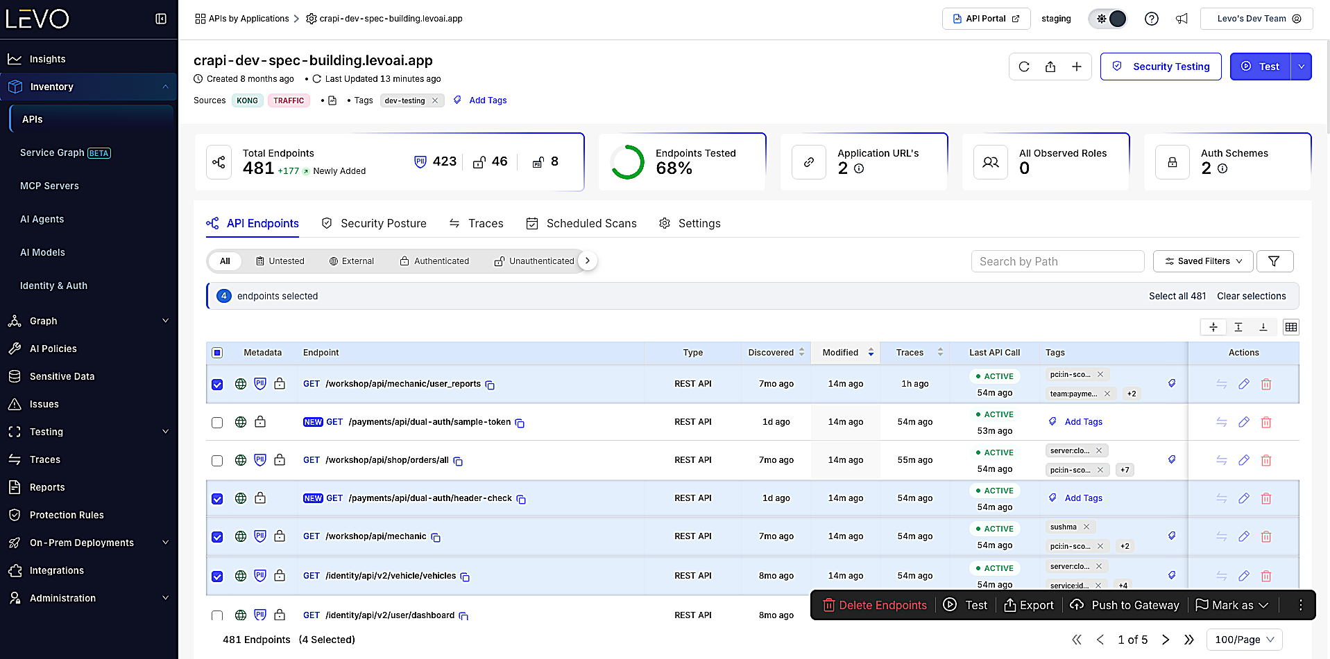 Endpoints list with several endpoints selected and the footer action bar showing Push to Gateway