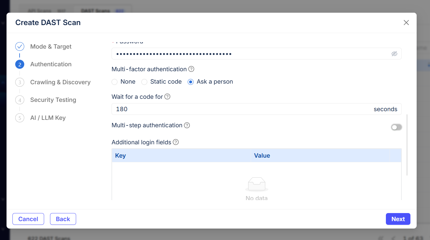 Create DAST Scan — Step 2, Authentication: Multi-factor authentication set to Ask a person, wait time 180 seconds, multi-step authentication off
