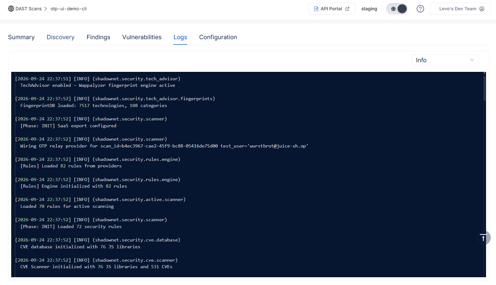 Scan detail page, Logs tab, showing 'Wiring OTP relay provider for scan_id=... test_user=...' among the initialization log lines